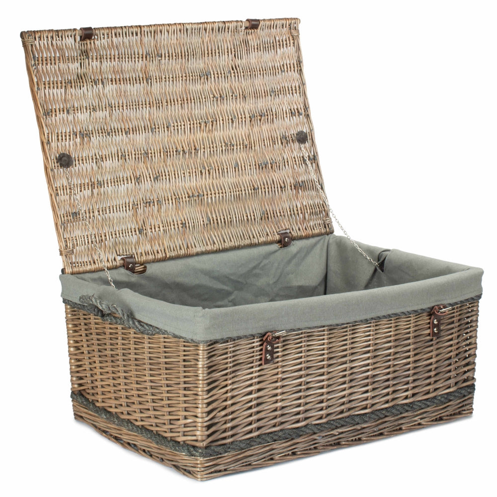 Antique wash willow basket 72cm with lid closed, leather rope handles and grey sage cotton lining
