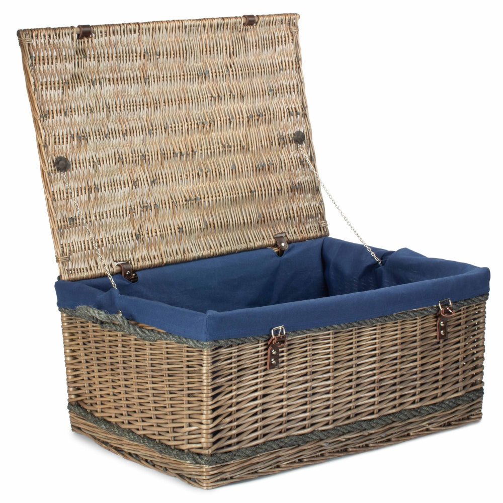 Antique wash willow basket 72cm with lid closed, leather rope handles and navy cotton lining