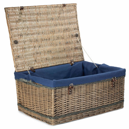 Antique wash willow basket 72cm with lid closed, leather rope handles and navy cotton lining