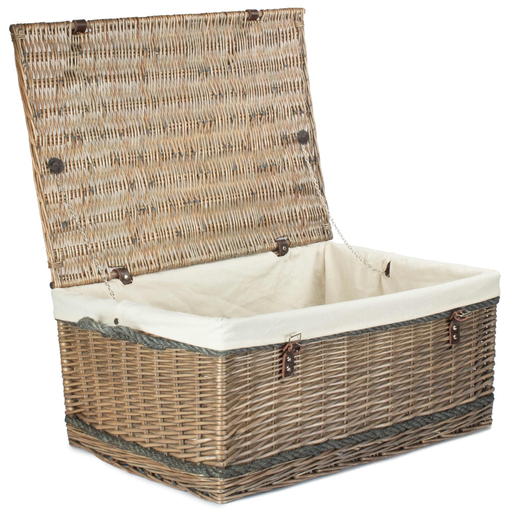 Antique wash willow basket 72cm with lid closed, leather rope handles and white cotton lining