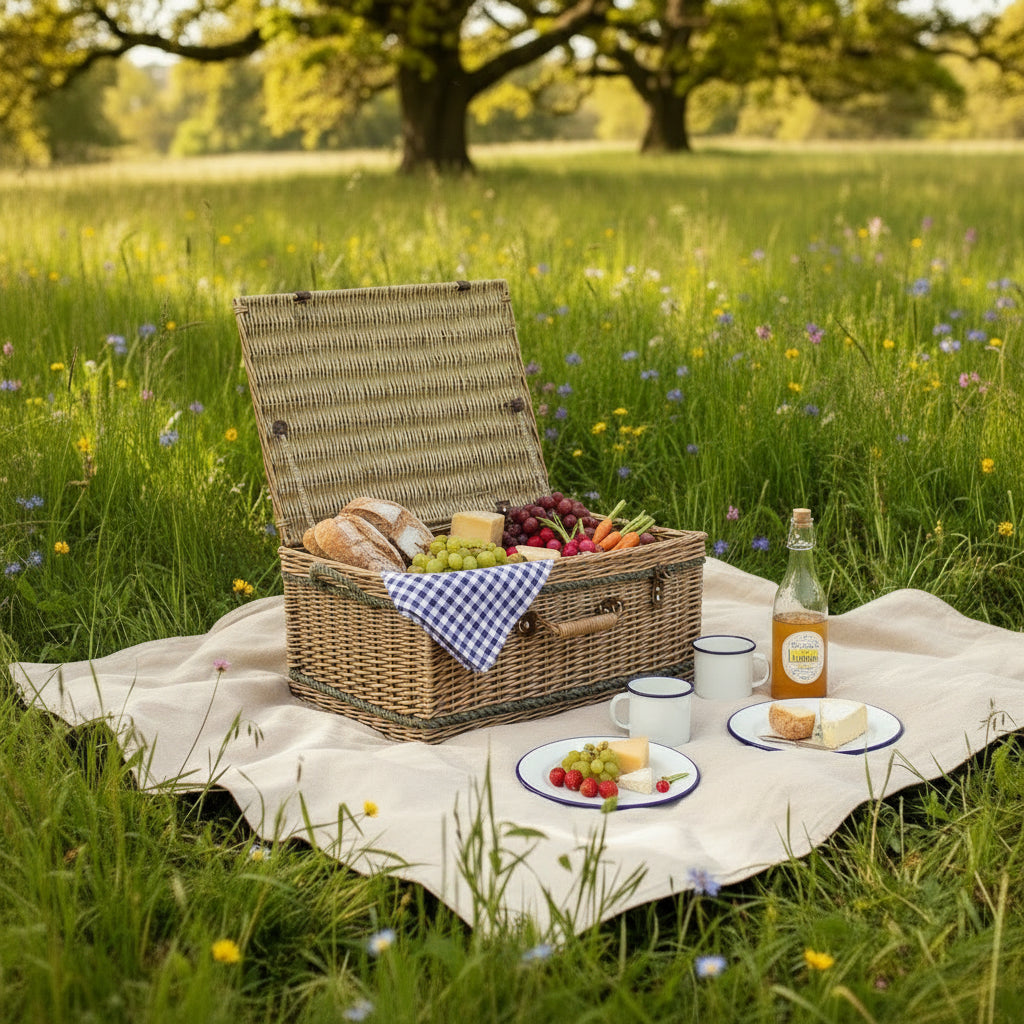 Antique wash willow picnic basket 72cm on picnic blanket in spring meadow with countryside charm