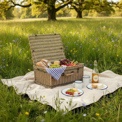 Antique wash willow picnic basket 72cm on picnic blanket in spring meadow with countryside charm