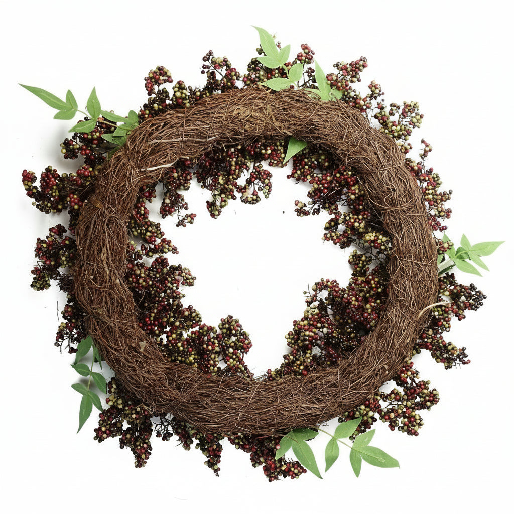 Back view of 55cm black berry wreath with wicker craftsmanship — timeless countryside door decoration.