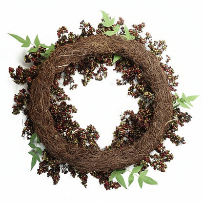 Back view of 55cm black berry wreath with wicker craftsmanship — timeless countryside door decoration.