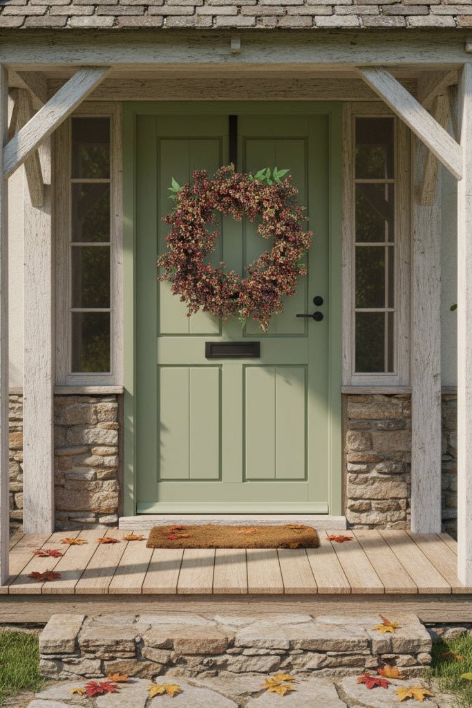 55cm black berry wreath on green country door under porch — woven wicker, timeless countryside style.