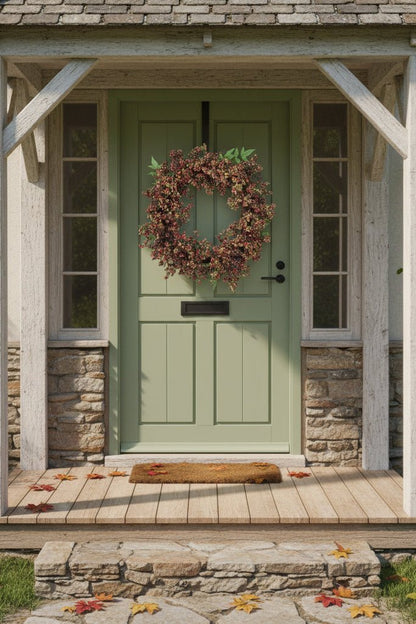 55cm black berry wreath on green country door under porch — woven wicker, timeless countryside style.