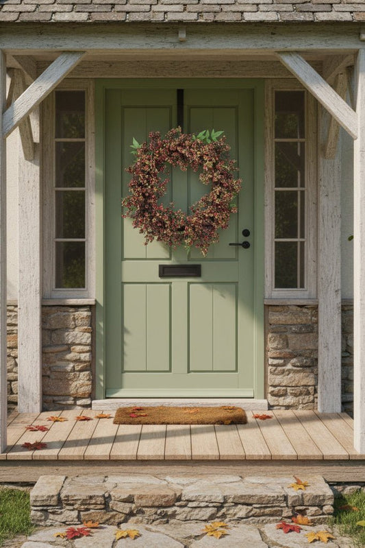 55cm black berry wreath on green country door under porch — woven wicker, timeless countryside style.