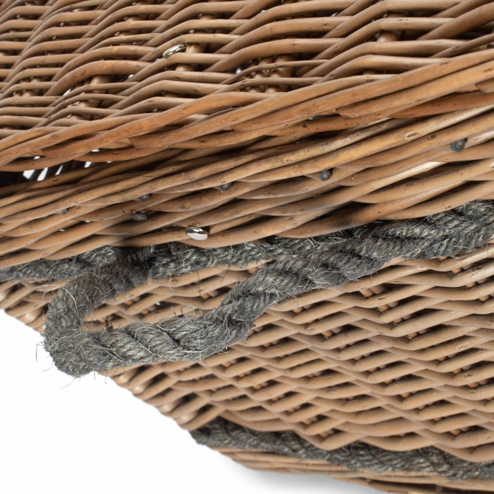 Close up of antique wash willow weave on 72cm basket with leather rope handles, lid closed