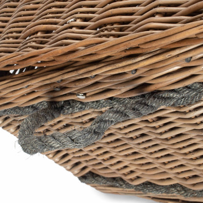 Close up of antique wash willow weave on 72cm basket with leather rope handles, lid closed