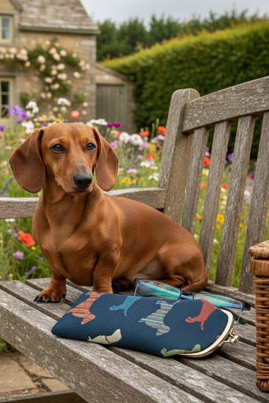 Dachshund tapestry glasses pouch on country garden bench beside dachshund dog, wildflowers and cottage backdrop, timeless UK countryside accessory