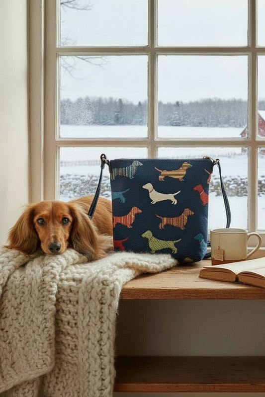 Dachshund tapestry sling bag on winter windowsill with chunky blanket, cup of tea, book and dachshund dog curled up, cosy countryside UK style