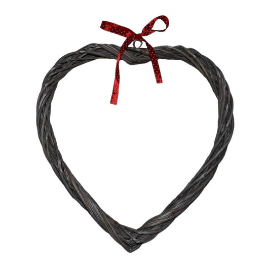Elspeth Wreath – slim wicker hanging heart with red spotty grosgrain ribbon, styled for vintage charm and soulful home decoration.