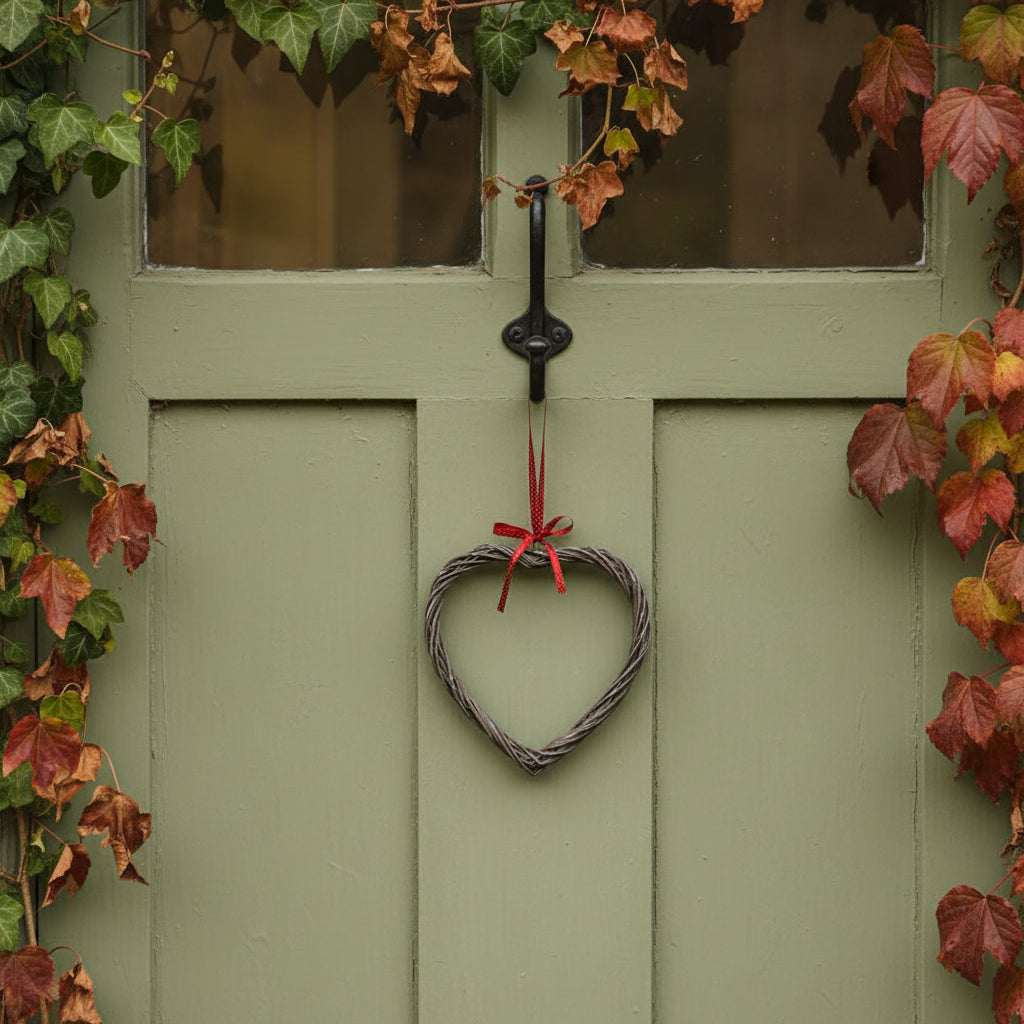 Heart-shaped wreath with a red ribbon hanging on a green door surrounded by autumn leaves.