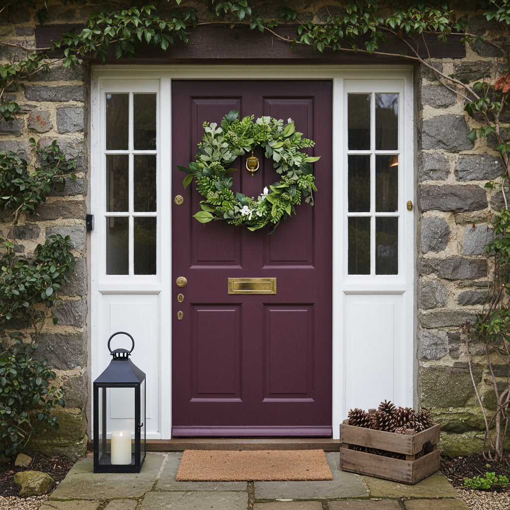 Green fern wreath on burgundy cottage door with side lights, stone wall, lantern and pine cone box