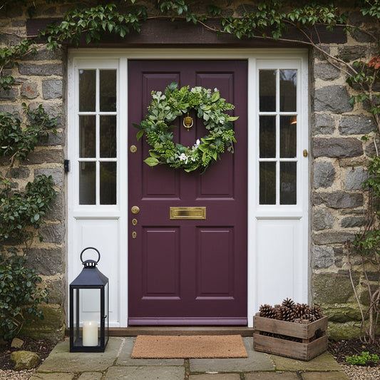 Green fern wreath on burgundy cottage door with side lights, stone wall, lantern and pine cone box