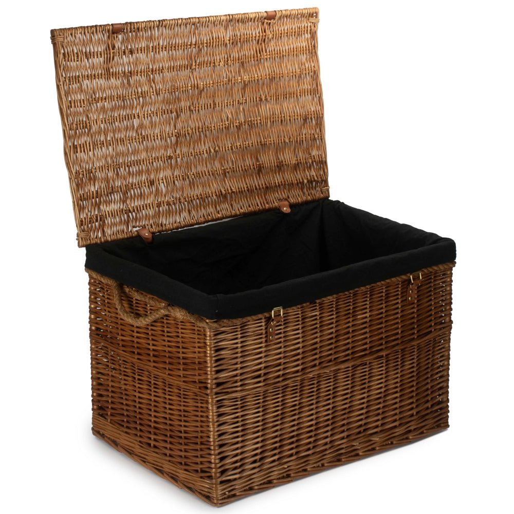 Large 75cm light steamed wicker storage basket open with black lining, rustic household container, eco‑friendly countryside home storage, UK style