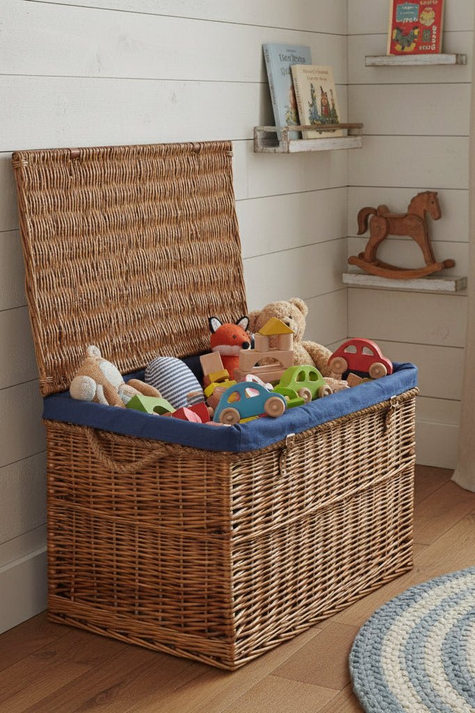 Large 75cm light steamed wicker storage basket with blue lining used as toy box in child’s bedroom, rustic eco‑friendly home storage, UK countryside style