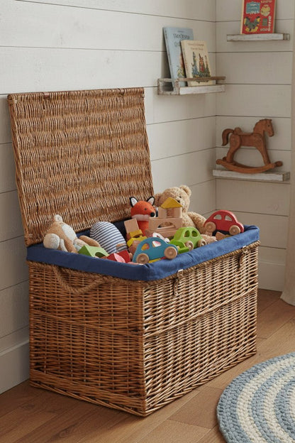 Large 75cm light steamed wicker storage basket with blue lining used as toy box in child’s bedroom, rustic eco‑friendly home storage, UK countryside style