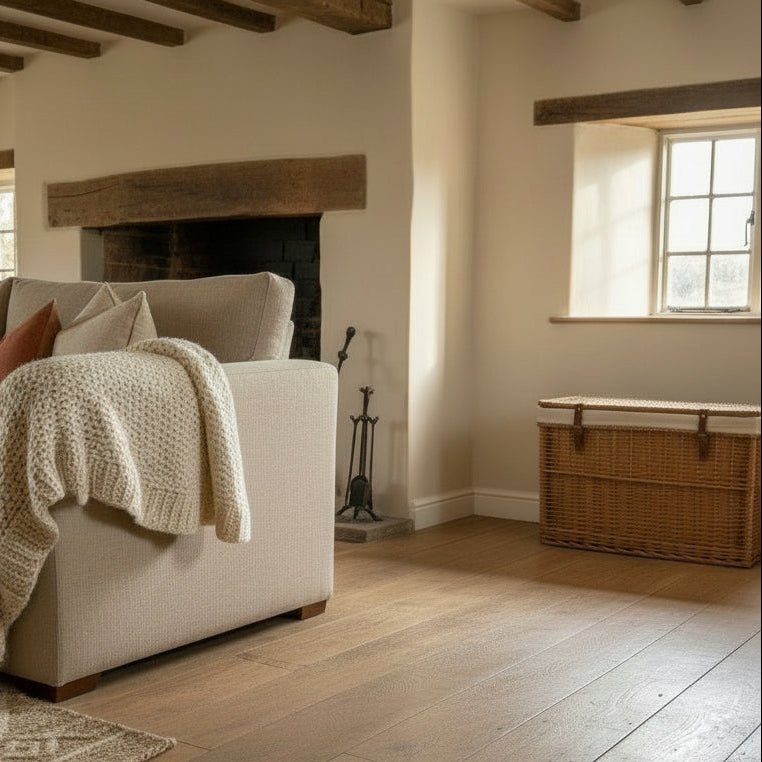 Large 75cm light steamed wicker storage basket in corner of country living room, rustic eco‑friendly container ready to hold seasonal throws or cushions, UK countryside home style