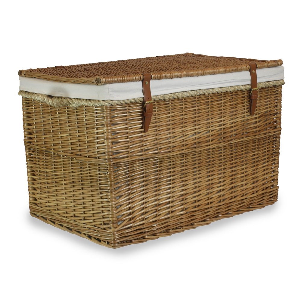 Large 75cm light steamed wicker storage basket closed with cream lining, rustic household container, eco‑friendly countryside home storage, UK style