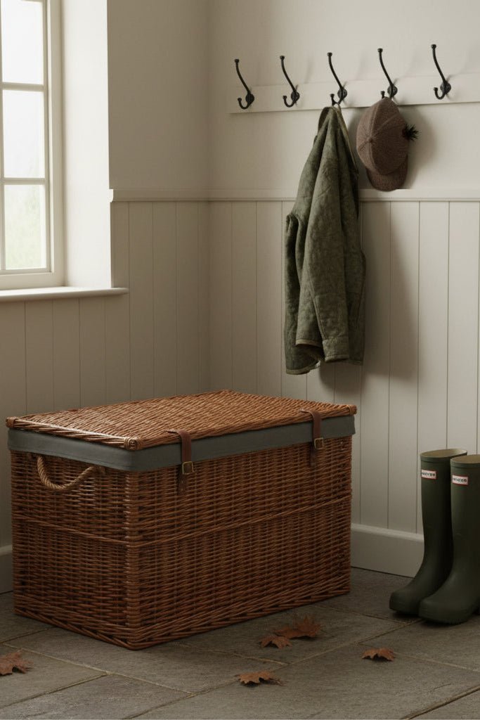 Large 75cm light steamed wicker storage basket with grey lining in bootroom, rustic eco‑friendly container for keeping household bits out of sight, UK countryside home style