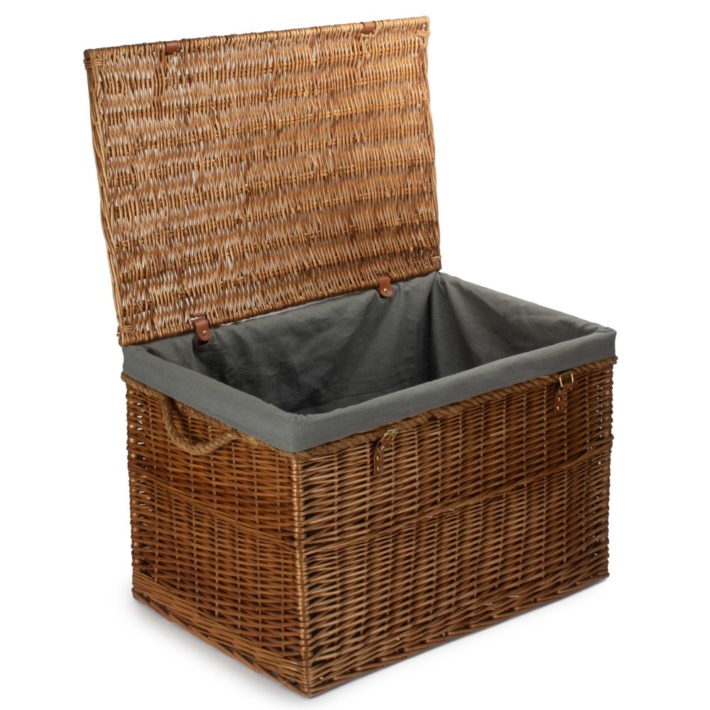 Large 75cm light steamed wicker storage basket open with grey lining, rustic household container, eco‑friendly countryside home storage, UK style
