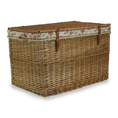 Large 75cm light steamed wicker storage basket closed with rose lining, rustic household container, eco‑friendly countryside home storage, UK style