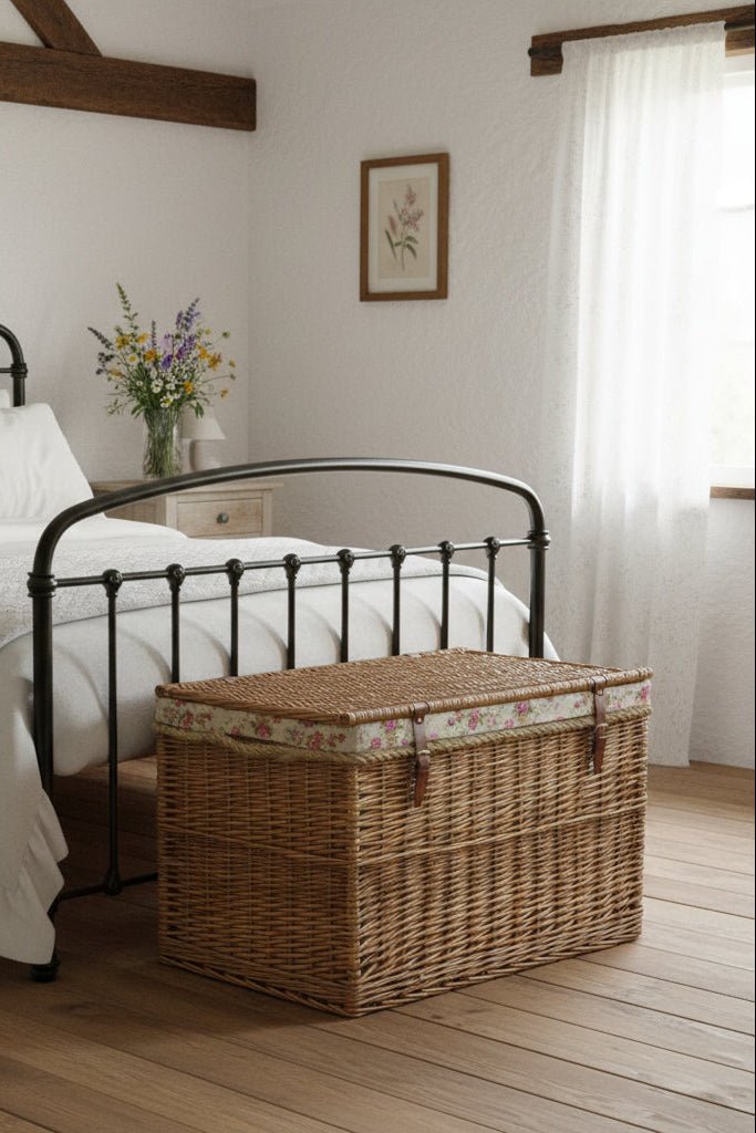 Large 75cm light steamed wicker storage basket with rose lining at foot of bed, ready to hold linen, cushions or throws, rustic eco‑friendly countryside home storage, UK style