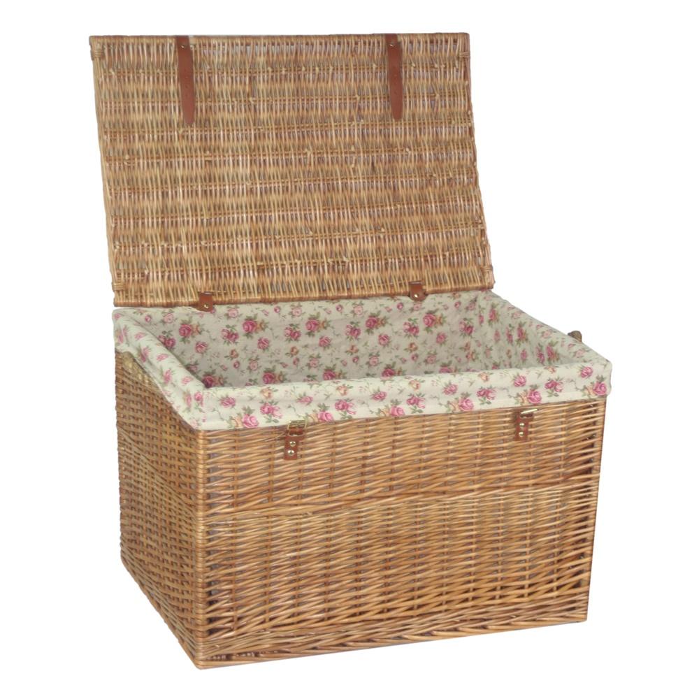 Large 75cm light steamed wicker storage basket open with rose lining, rustic household container, eco‑friendly countryside home storage, UK style