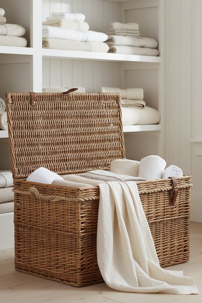 Large 75cm light steamed wicker storage basket unlined in linen laundry room holding folded linen, rustic eco‑friendly household storage, UK countryside home style