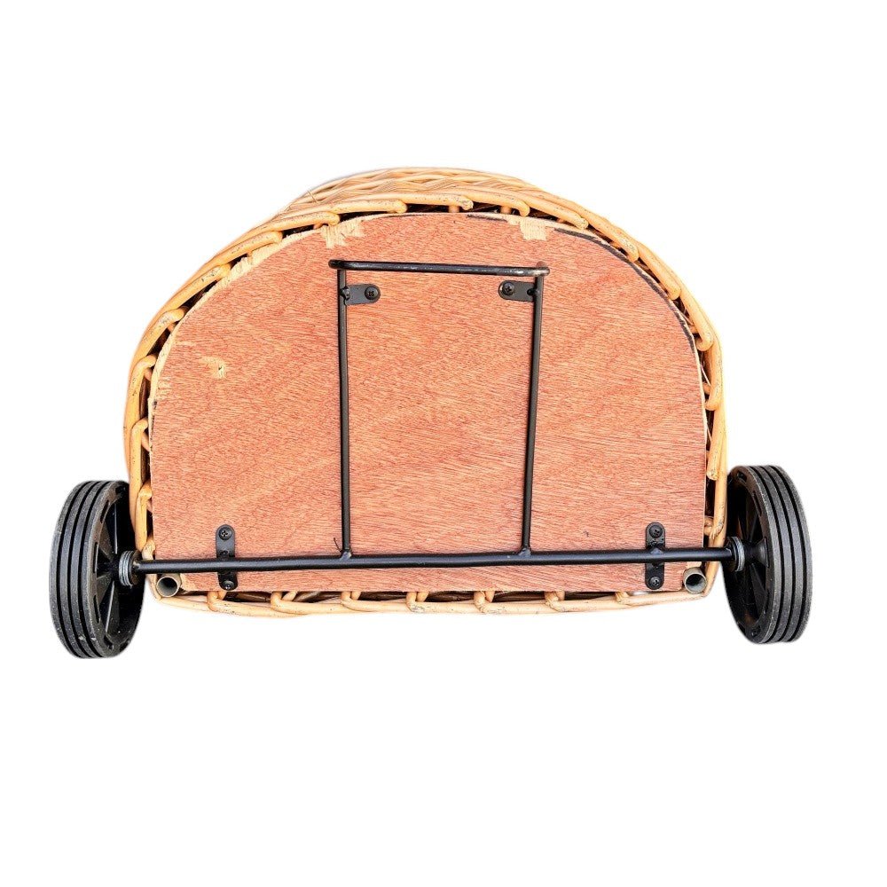 Base view of The Malbury Market Trolley — showing full buff willow weave and metal wheel frame, crafted for sturdy navigation and timeless countryside errands.