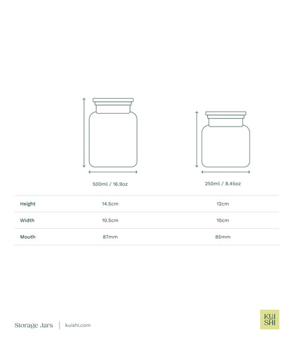 The Wetherby Amber Glass Storage Jar – apothecary-style jar in translucent amber glass with wide-mouth design, shown with dimensions for bath salts, cotton pads, or basin-side essentials