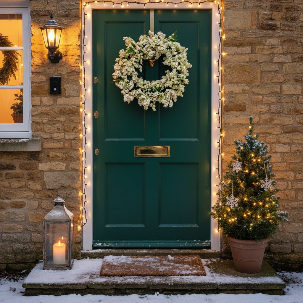 White berry wreath on green door with small Christmas tree, lantern and fairy lights, festive winter charm