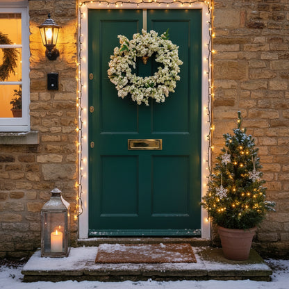 White berry wreath on green door with small Christmas tree, lantern and fairy lights, festive winter charm