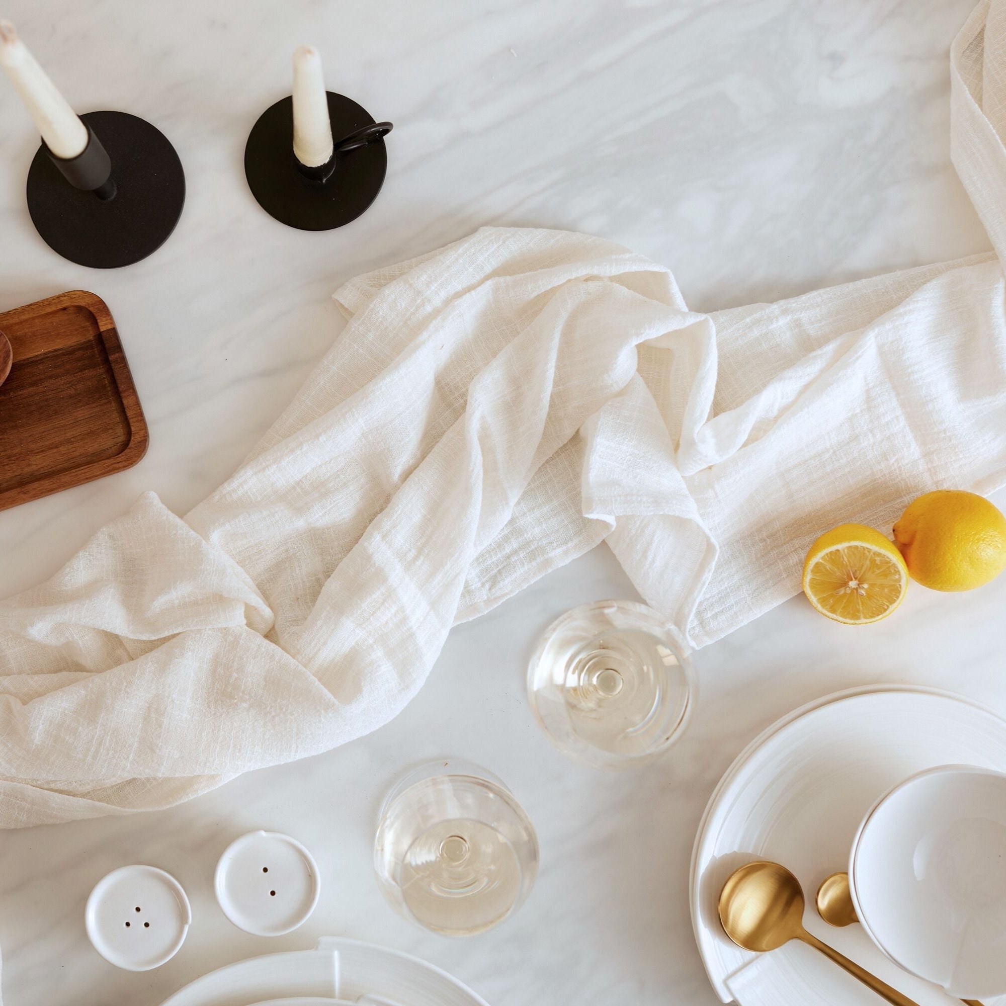 Alverley White gauze table runner in soft cotton, styled with gold cutlery and white ceramic tableware for relaxed countryside dining and poetic layering.