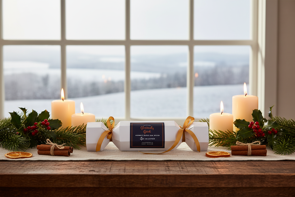 Aromatherapy Christmas cracker with 12 lavender ylang ylang wax melts on festive table with candles, cinnamon, orange slices, holly and firs
