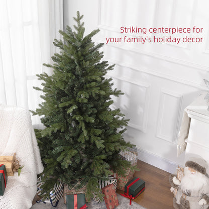 5ft artificial Christmas tree styled in a festive room corner with bushy bare branches, rich green tones, and wrapped gifts. Countryside-inspired seasonal charm.