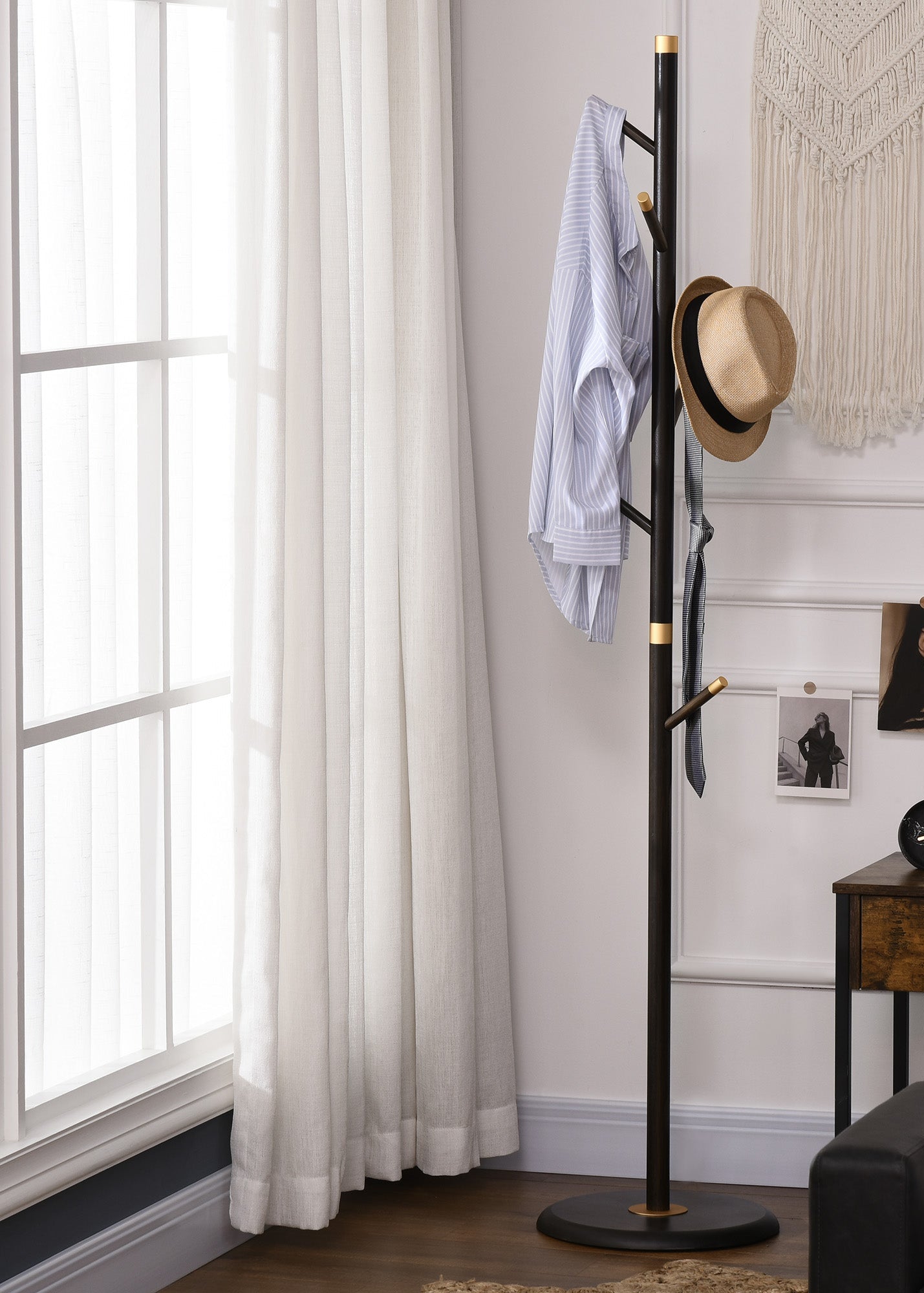 Ashcroft Hall coat stand with walnut bamboo frame and 6 metal hooks styled in rustic hallway with timeless countryside charm