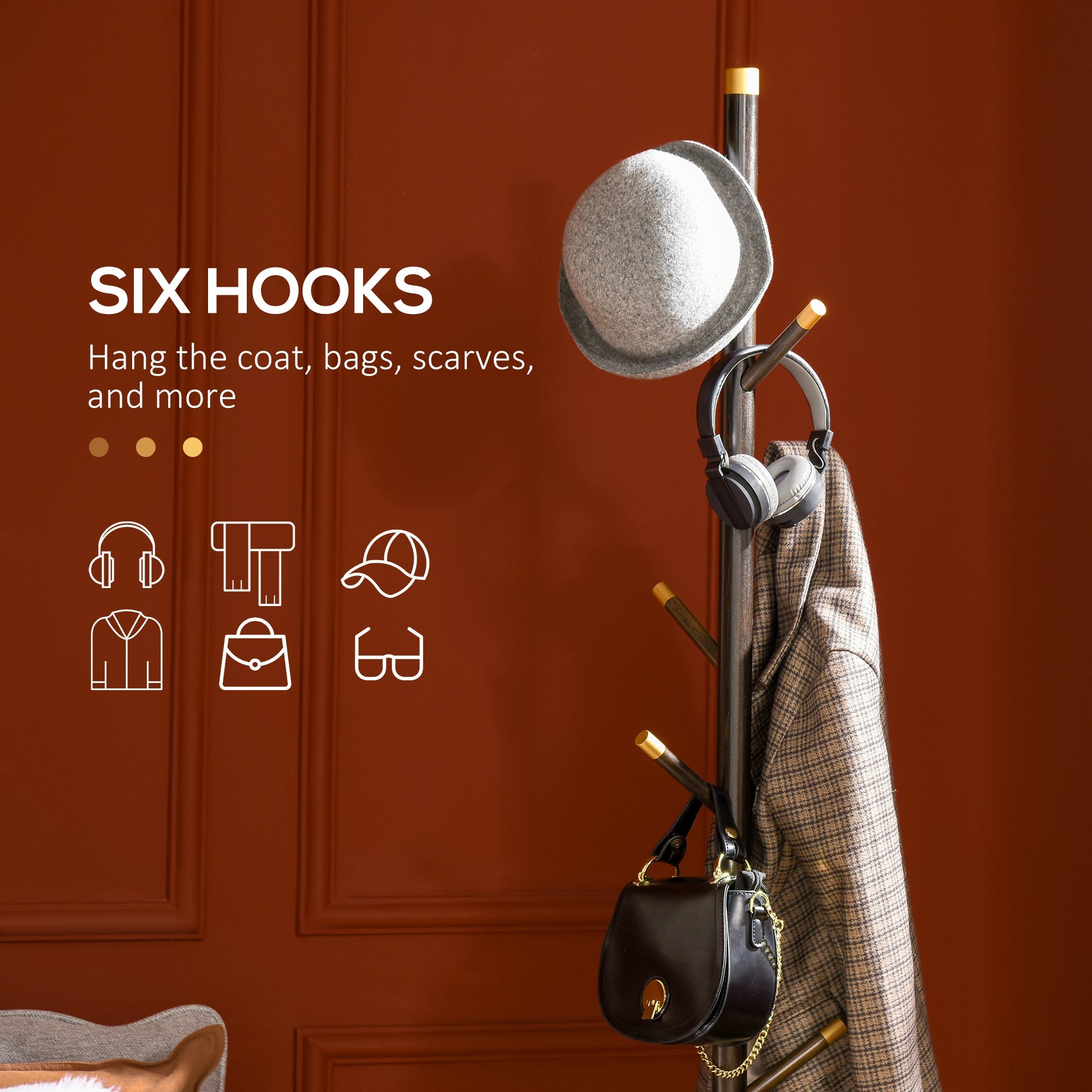 Ashcroft Hall coat stand with walnut bamboo frame and 6 hooks styled against burnt orange paneled wall for warm heritage hallway charm