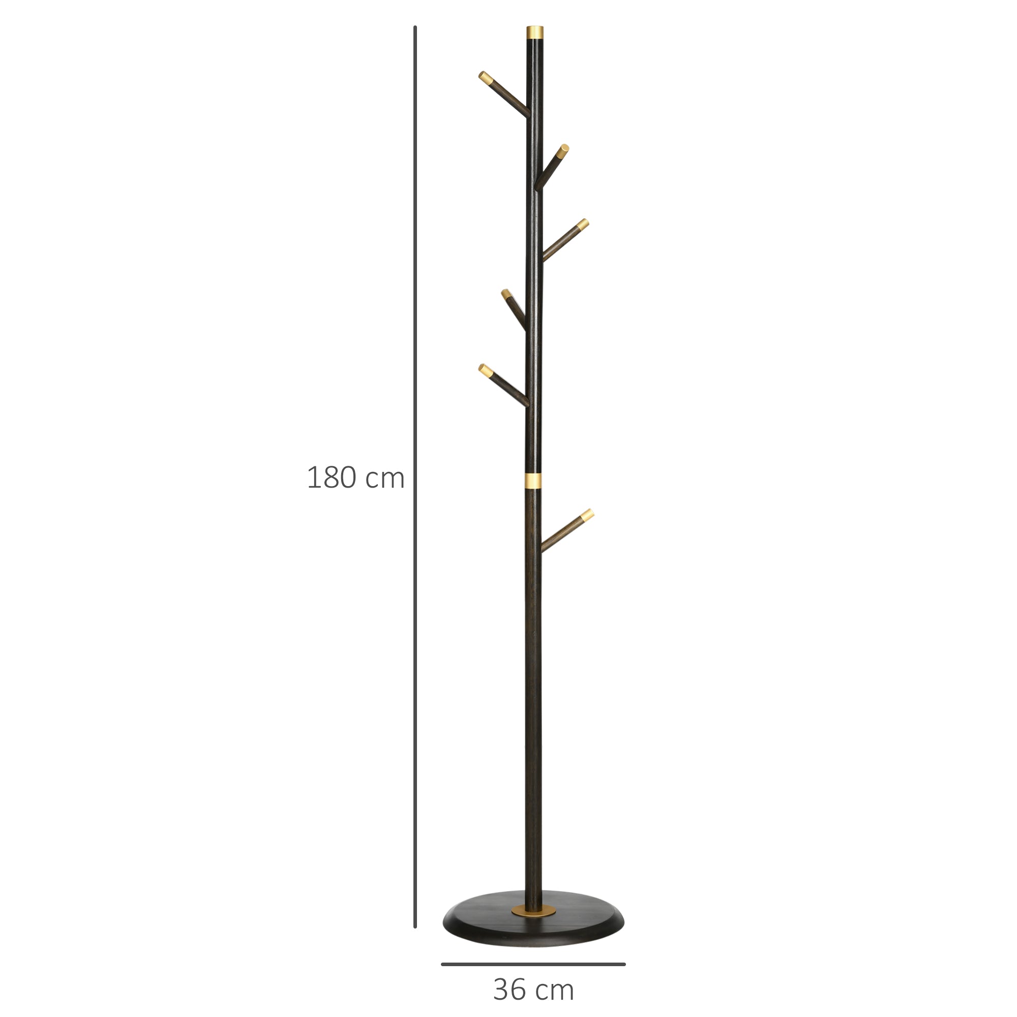Ashcroft Hall coat stand with walnut bamboo frame and 6 hooks shown on white background with full dimensions in cm
