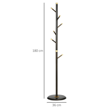 Ashcroft Hall coat stand with walnut bamboo frame and 6 hooks shown on white background with full dimensions in cm