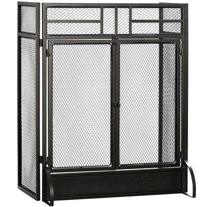 Ashfen Fender fireguard in matte black mesh steel with double opening doors; low-profile design shown on blank white background for hearthside protection.