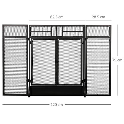 Ashfen Fender fireguard in matte black mesh steel with double opening doors; low-profile design shown with labelled dimensions for hearthside fit.