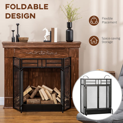 Ashfen Fender fireguard in matte black mesh steel with double opening doors; foldable three-panel design shown partially collapsed for compact storage.