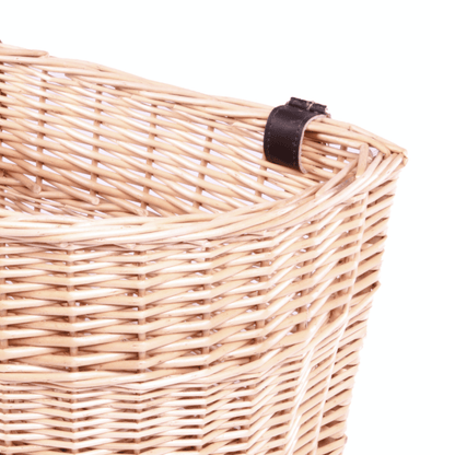 Close-up of The Beatrix Basket showing handwoven willow texture and curved rim – lightweight front-mounted bicycle carrier with heritage-inspired charm
