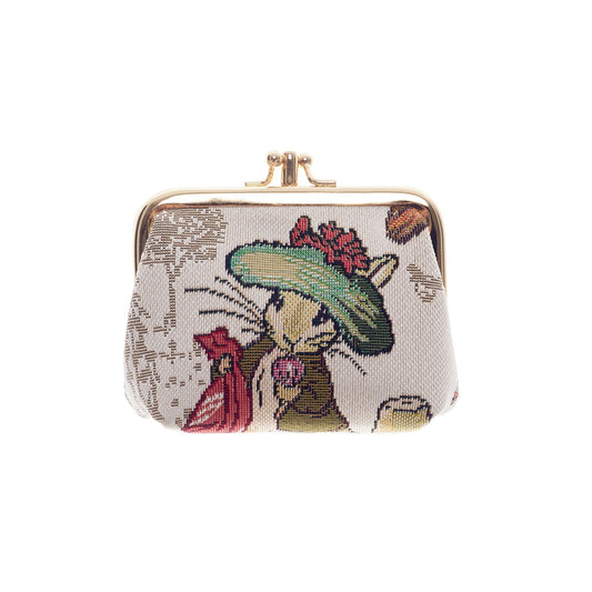 Beatrix Potter Benjamin Bunny countryside frame purse, cotton fabric, compact style, front view on blank background