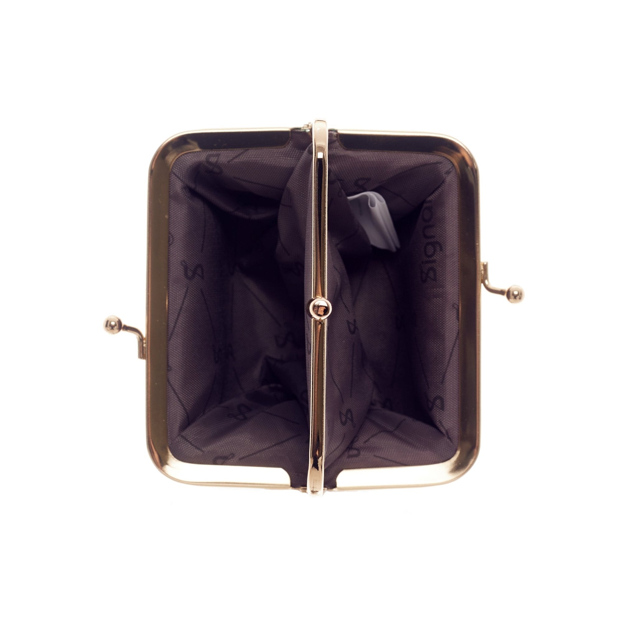 Beatrix Potter Benjamin Bunny countryside frame purse, cotton fabric, compact inside view with metal clasp, blank background