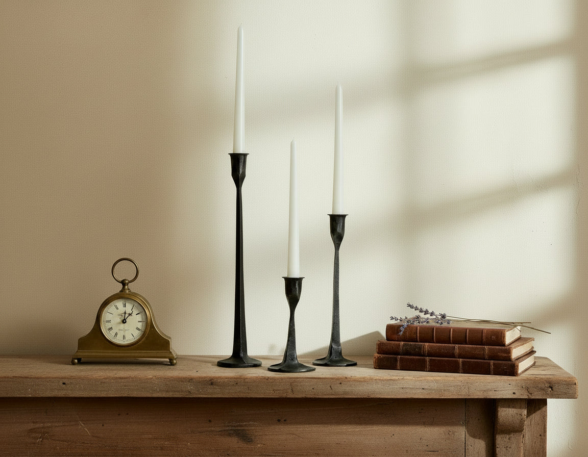 Bloomsbury Iron Black Candle Holder Set of 3 styled on mantle with books, lavender and clock
