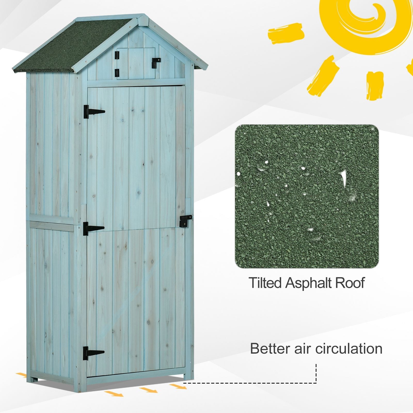 Blue fir wood garden cabinet with asphalt roof, shed-style outdoor storage with 3 shelves