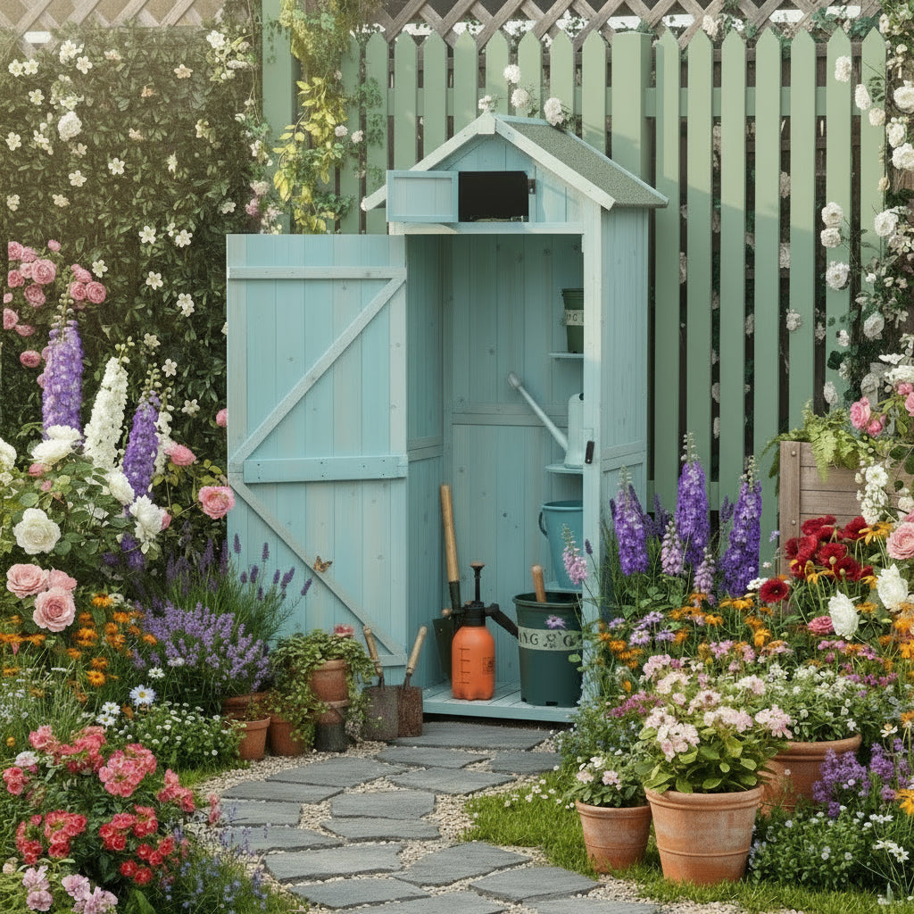 Blue wooden garden cabinet with 3 shelves, fir wood storage unit, countryside shed style